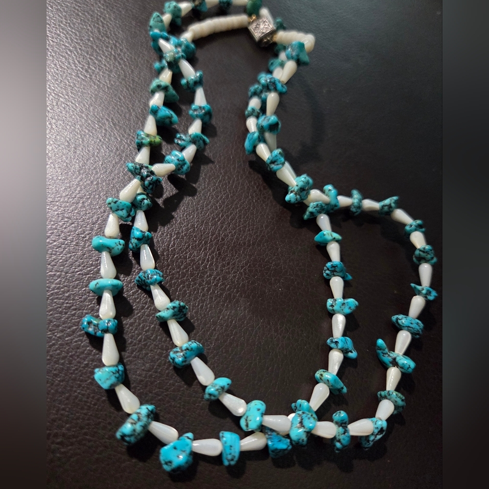 Turquoise Nugges and White Shell Beaded Necklace , Sterling Clasp